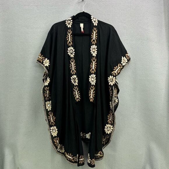Anthropologie Raga Womens Black Floral Embroidered Open Front Cardigan Kimono Me - Picture 8 of 10